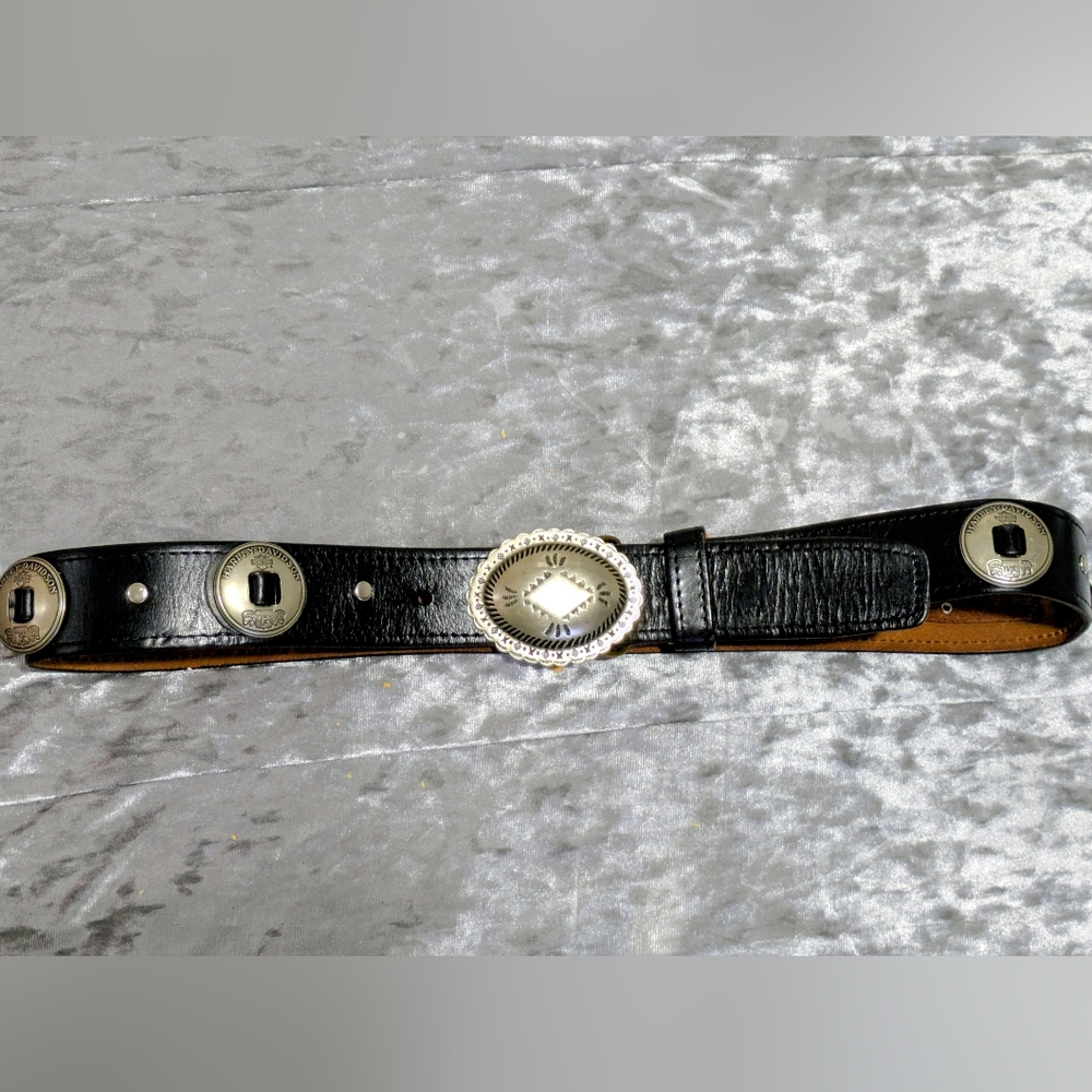 VINTAGE HARLEY DAVIDSON BLK BIKERCORE LEATHER CONCHO BELT SOLID BRASS BUCKLE